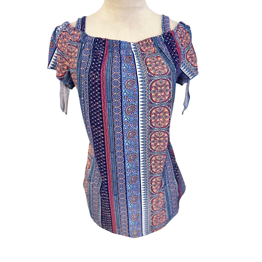 Bobbie Brooks Women's‎ Blue Coral Paisley Cold Shoulder Tie Sleeve Blouse Large
